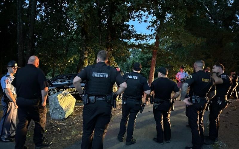 Law enforcement personnel gather immediately after the arrest of Jonathan William Harris, 34, of Sautee, on Thursday night off Toccoa Highway. Habersham County Sheriff’s Office/Submitted