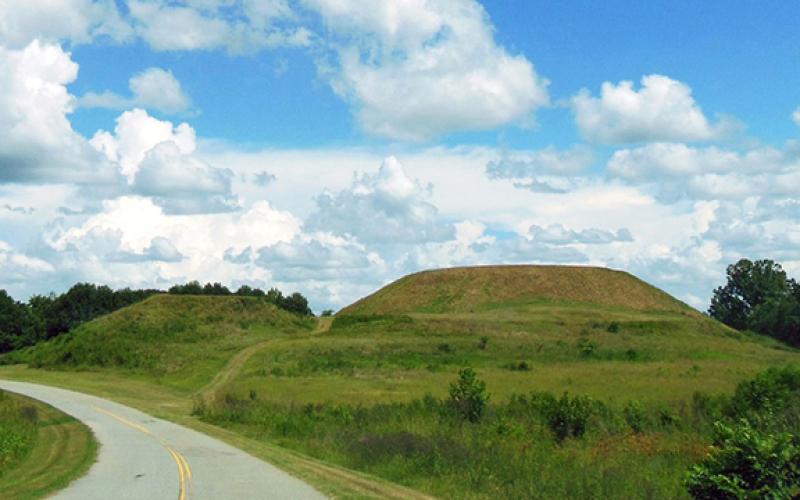 A view of Great Temple &amp; Lesser Temple Mounds from the Funeral Mound at Ocmulgee Mounds National Historical Park. (Photo/National Park Service)