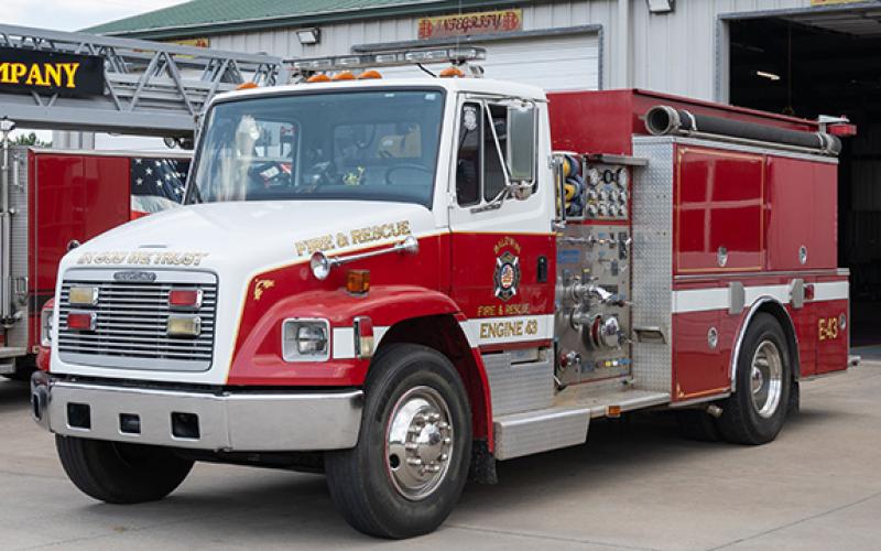 A Baldwin Fire Department truck sits outside of the city’s fire department. Recently, Baldwin’s council approached Cornelia Commissioners to ask for a consolidation of fire services. Council is still looking for ways to cut down on its $429,030.77 budget deficit after passing the budget in June. (Zach Taylor/Staff)