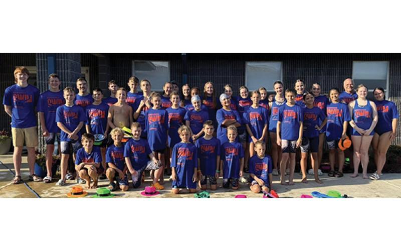 The Habersham County Swim Team poses for a photo during the GRPA State Meet at Moultrie, Georgia.  A combined team of the Hurricanes and Tallulah Falls Aquatics represented Habersham County who brought home 28 Medals, 36 ribbons and eight state championships. (Submitted)