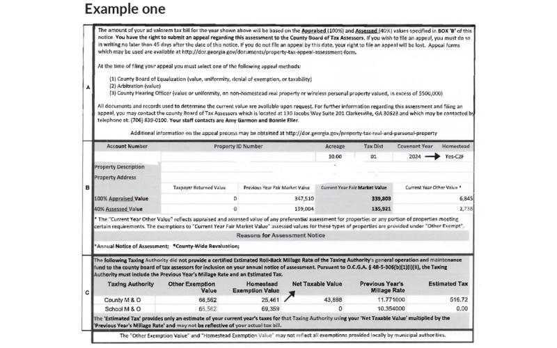 Property owners are asked to focus on the “Net Taxable Value” column on their property tax assessment notice. Those with a homestead exemption will see it marked in the top right corner as in example 1, and those who live within city limits will see a third taxing authority, as in example 2.