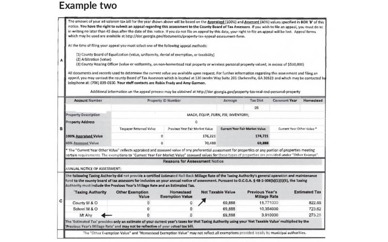 Property owners are asked to focus on the “Net Taxable Value” column on their property tax assessment notice. Those with a homestead exemption will see it marked in the top right corner as in example 1, and those who live within city limits will see a third taxing authority, as in example 2.
