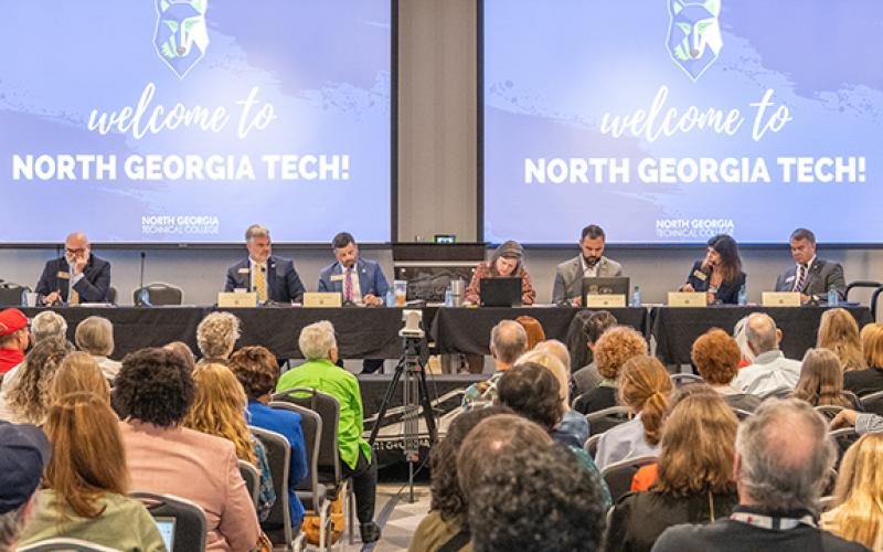 Members of the State Election Board discuss election security at North Georgia Technical College in Clarkesville. (Zach Taylor/Staff)