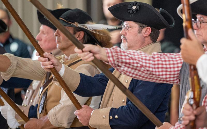 David Wall serves in the color guard for the Joseph Habersham Chapter of Sons of the American Revolution during a ceremony on Sept. 11. (Zach Taylor/Staff)