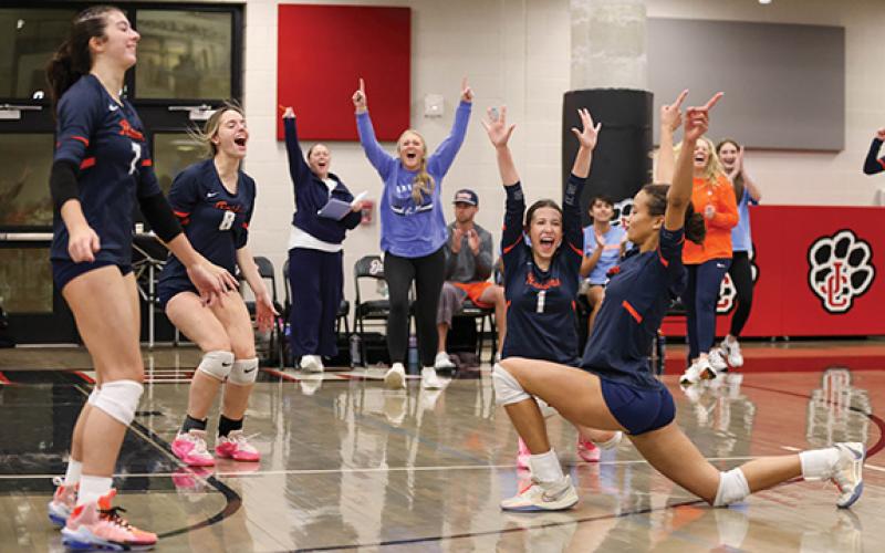 Habersham Central celebrates during a volleyball match between Habersham Central and Loganville at Jackson County High School on Monday, Oct. 6. (Landen Todd/Staff)
