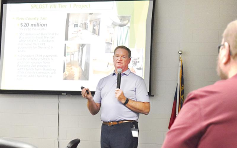 County Manager Tim Sims shares information about the Tier 1 project, the new county jail, during the Lunch and Learn Town Hall on Oct. 6 at The Ruby Fulbright Aquactic Center. (Samantha Sinclair/Staff)