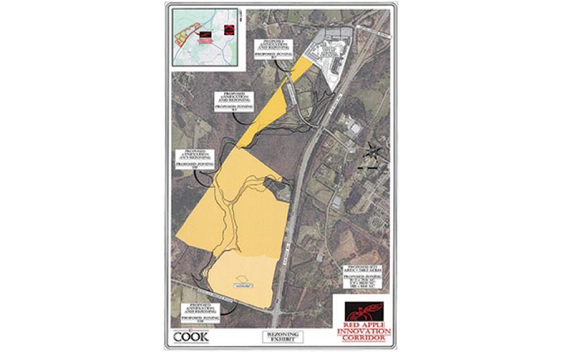 The proposed total annexation to Cornelia, including a parcel in the deannexation process from Baldwin, is shown in a map highlighting proposed zoning for the Red Apple Innovation Corridor. (Submitted)
