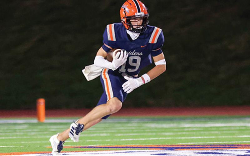 Habersham Central junior wide receiver Drake Roland (19) runs with the ball during a football game between Alcovy and Habersham Central at Raider Field on Friday, Oct. 10. (Landen Todd/Staff)
