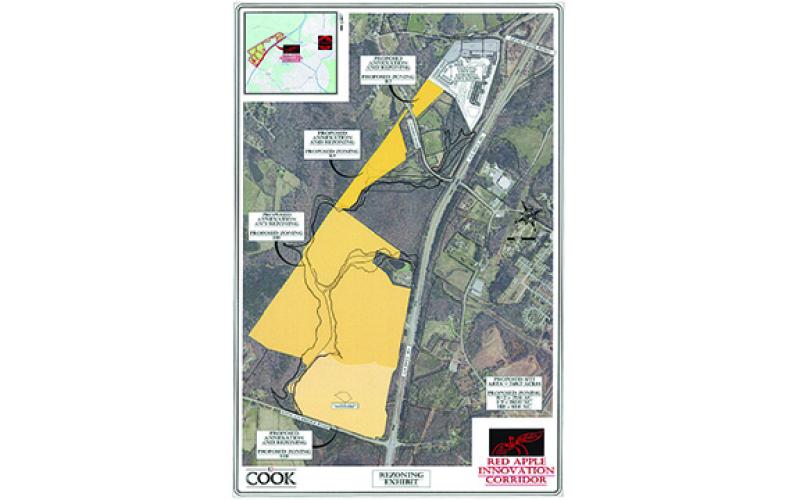 The proposed annexation for the Red Apple Innovation Corridor would create three main zoning districts on 224.6 acres in the Ga. 365 corridor. (Submitted)