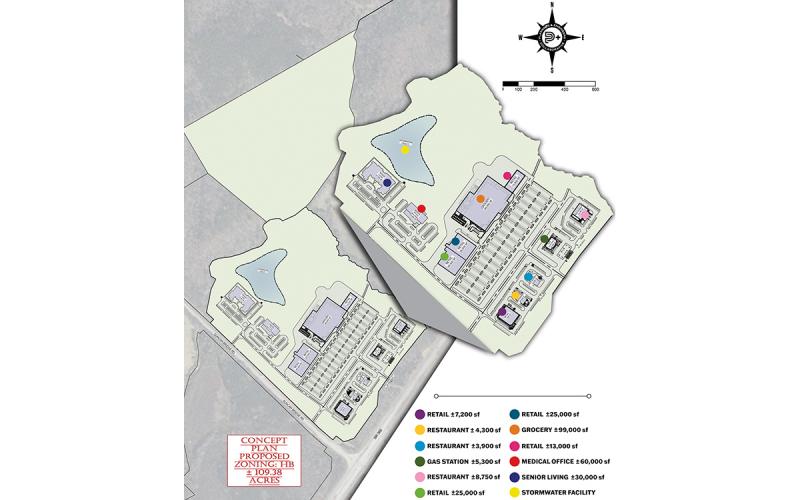 At right, a concept plan for the Duncan Bridge Project shows a senior living facility and medical offices along Duncan Bridge Road, and a grocery store, restaurants, a gas station and retail along Ga. 365. (Kristen Adkinson/Staff)