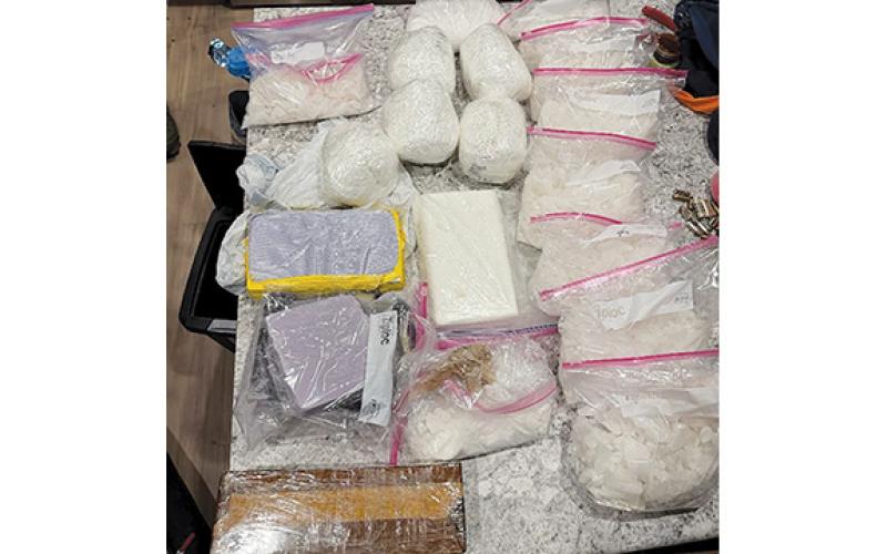 Agents seized contraband including 32 kilograms of methamphetamine, four pounds of fentanyl, numerous diverted pharmaceutical opioids and multiple firearms. (Submitted)