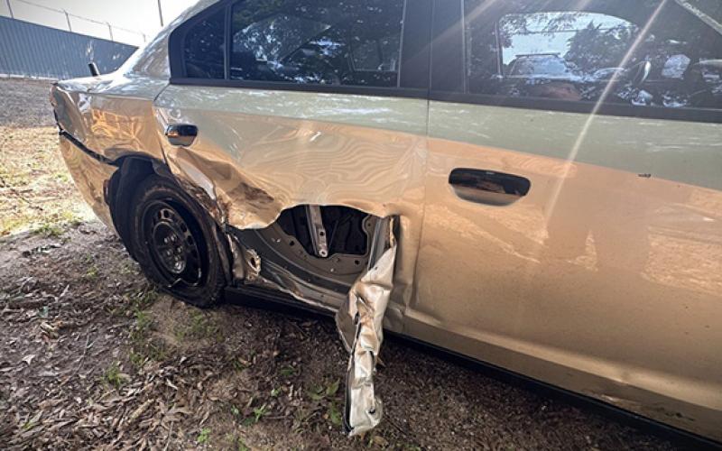A patrol vehicle damaged in June 2025 suffered disabling damage after a motorist hit the patrol car while it provided lights and a buffer for road workers. Now, any accident that has incurred damage involving a patrol vehicle will go through an accident review board at the Habersham County Sheriff’s Office. (Submitted)