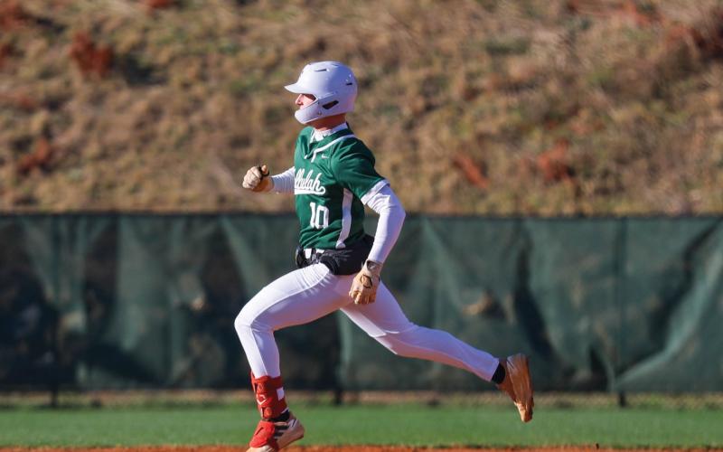 Tallulah Falls junior pitcher Drew Barron (10) runs to sec- ond base during the baseball game between George Walton  Academy and Tallulah Falls at Higgins Baseball Complex on Tuesday, March 17. (Landen Todd/Staff)