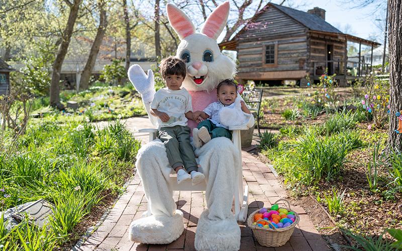 Archer and Ace Watkins pose for a picture with the Easter Bunny at the Mauldin House in Clarkesville. The annual event allows families to enjoy a stress-free environment for photos with the Easter Bunny in one of Clarkesville’s historic and colorful locations, perfect for the celebration. ZACH TAYLOR/Staff