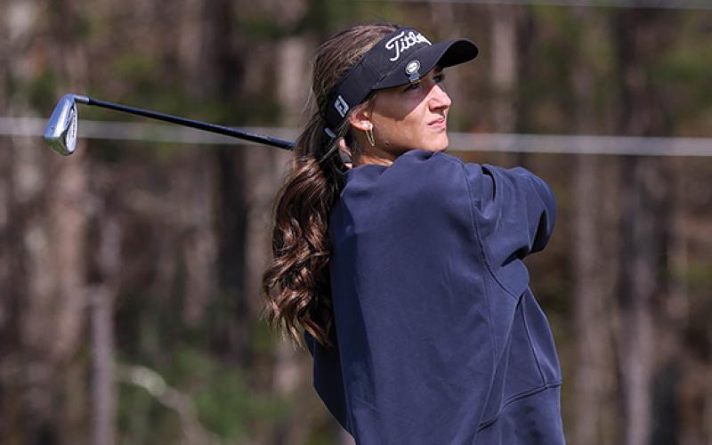 Habersham Central senior golfer Kadyn Green drives the ball during a matchup between Stephens County and Habersham Central at Apple Mountain Golf Club on Wednesday, April 8. (Landen Todd/Staff)
