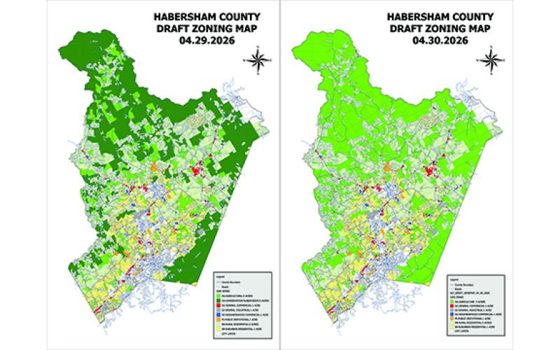 The new proposed zoning map, right, shows the revision that eliminated the Conservation Subdivision district, placing those properties in the Agricultural district. (Submitted)
