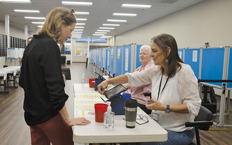 Jessalan Smith checks in to vote with poll worker Leslie Trowbridge at the Habersham South precinct Tuesday morning. (Samantha Sinclair/Staff)