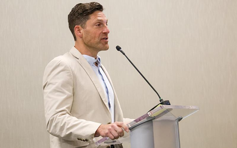 Assistant Superintendent David Leenman speaks before the Board of Education Monday night to talk about the first day of school at the secondary level. During Thursday’s work session, Leenman presented quotes the school system received for a 500 Chromebook purchase. (Hannah Caudell/Staff)