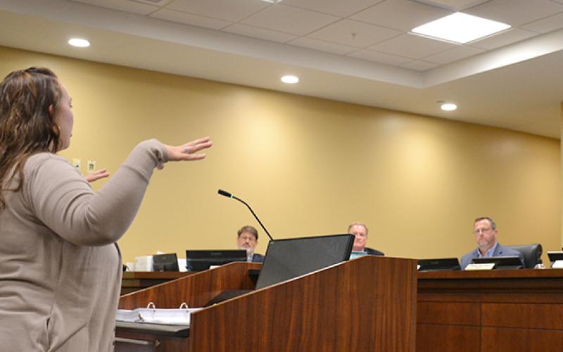 County Finance Director Kiani Holden speaks to Habersham County Board of Commissioners at commission meeting Monday night. (Samantha Sinclair/Staff)