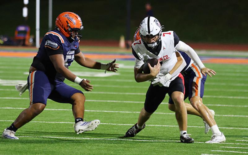 Habersham Central defensive tackle Leo Tomas (53) goes for the tackle during a football game between Jackson County and Habersham Central tonight. (Landen Todd/Staff)