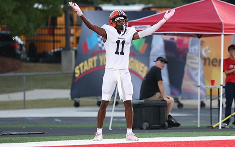 Habersham Central senior wide receiver Jay Feltus celebrates at Red Devil Stadium tonight. (Landen Todd/Staff)