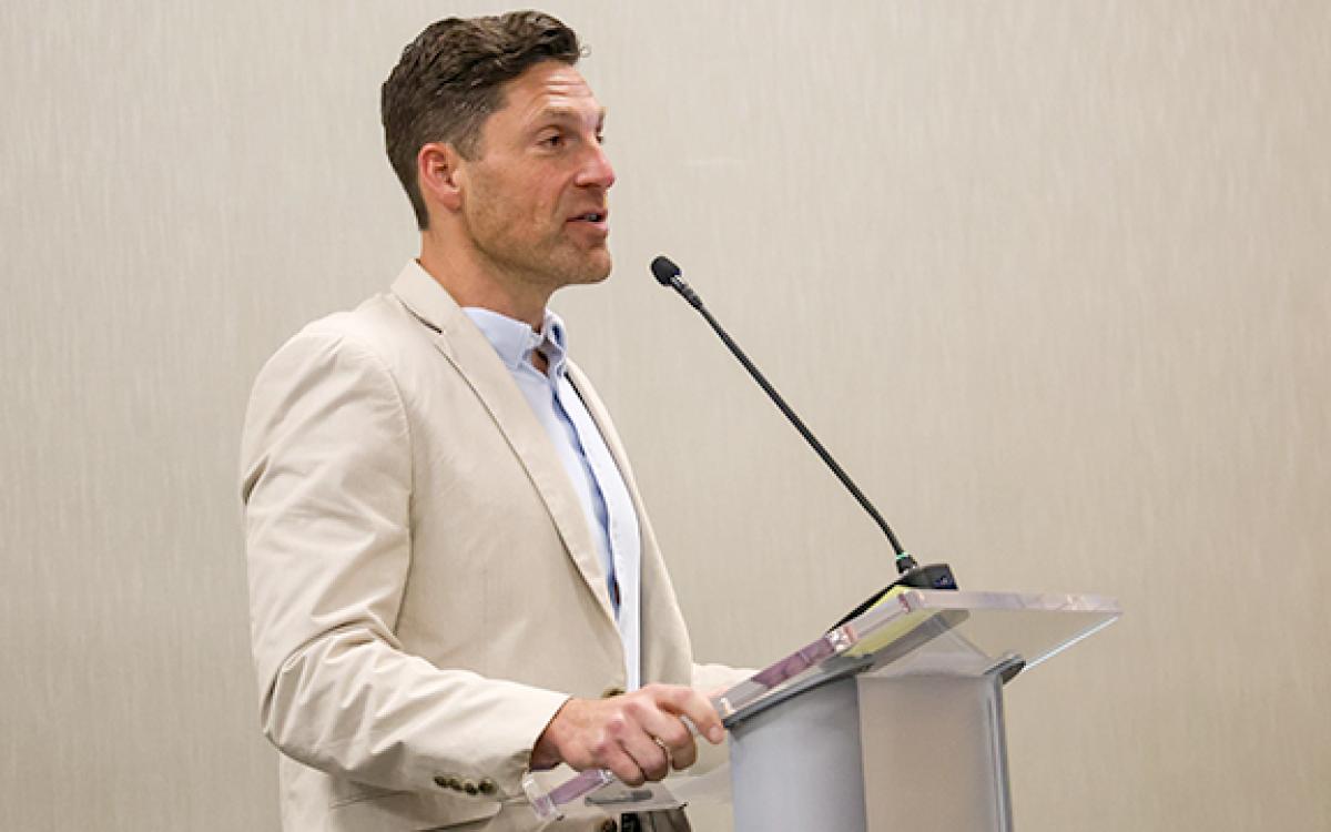 Assistant Superintendent David Leenman speaks before the Board of Education Monday night to talk about the first day of school at the secondary level. During Thursday’s work session, Leenman presented quotes the school system received for a 500 Chromebook purchase. (Hannah Caudell/Staff)