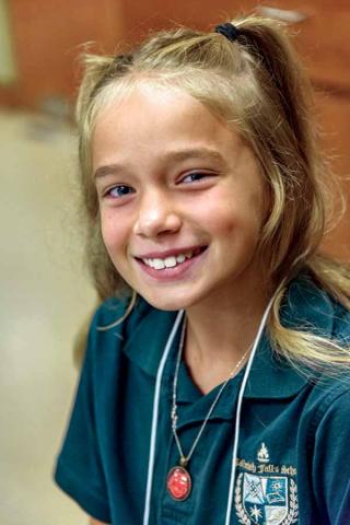 Tallulah Falls School (TFS) opened Aug. 12 with 545 students, including 237 students from Habersham County. Fifth-grade student Laurel Blake Kafsky of Clarkesville is all smiles on the first day of the 2019-20 academic year. Kafsky is the fourth in her family to attend TFS. She has older siblings in seventh, ninth and 12th grades. (Photo/E. LANE GRESHAM)