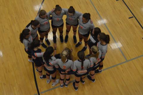 The HCHS Volleyball team huddles during a timeout Thursday. 