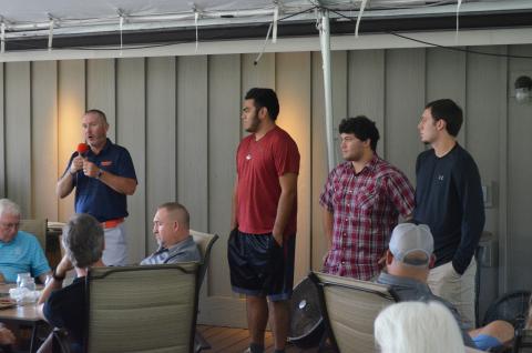 Shown, from left, are Habersham Central High School Head Football Coach Benji Harrison, Marc Dao, Anthony Iacobucci and Daniel Matkovic at the Habersham County Football Ring of Honor ceremony Tuesday.