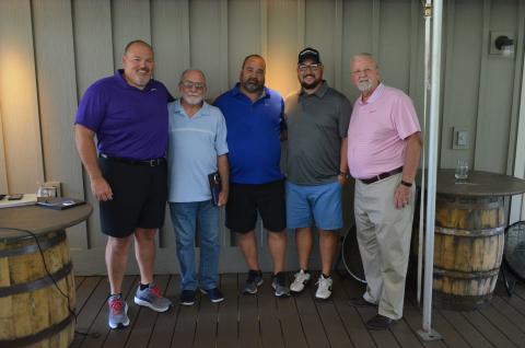 Shown, from left, are 2019 Habersham County Football Ring of Honor inductees Stacy Ivester, Dexter Pratchard, Joel Patrum, Brandon Patrum and Arnold Meeks at The Orchard Golf and Country Club in Clarkesville Tuesday.