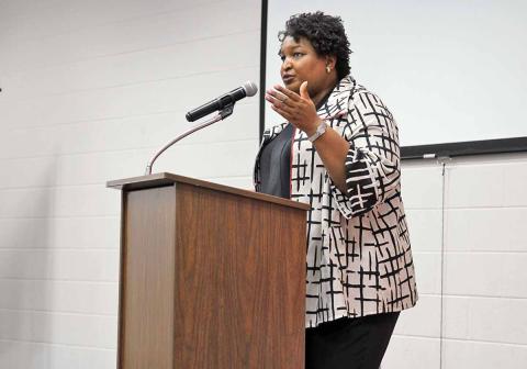 Stacey Abrams spoke to a packed room Tuesday at the Ruby Fulbright Aquatic Center in Clarkesville. She thanked them for her support in the 2018 gubernatorial election and informed them of her mission to combat voter suppression. (Photo/ERIC PEREIRA)