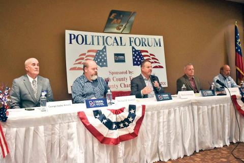 Habersham County District 5 Commissioner candidates George Locke Arnold, Michael Gosnell, Darrin Johnston, Tim Stamey and Barry Trotter share some of their views with community members at the political forum Tuesday, just two weeks before Election Day Nov. 5. (Photo/CHAMIAN CRUZ)