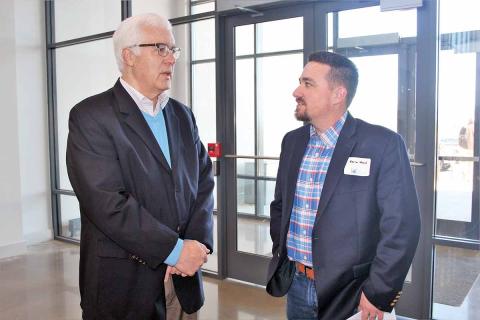 Habersham Partnership for Growth/Economic Development Council Executive Director Tim Lee, left, chats with Kevin Wood, owner of Wood’s Mercantile in Clarkesville, earlier this year on the Clarkesville campus of North Georgia Technical College. Lee died Sunday at the age of 62 from complications due to cancer. (Photo/HABERSHAM CHAMBER OF COMMERCE)