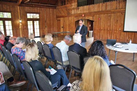 Habersham County Chairman Stacy Hall, center, kicks off the Monday town hall meeting for the jail bond referendum at the Cornelia Community House. The commission and the sheriff’s office are hosting these meetings to inform residents as to why a new jail is a significant need. (Photo/ERIC PEREIRA)