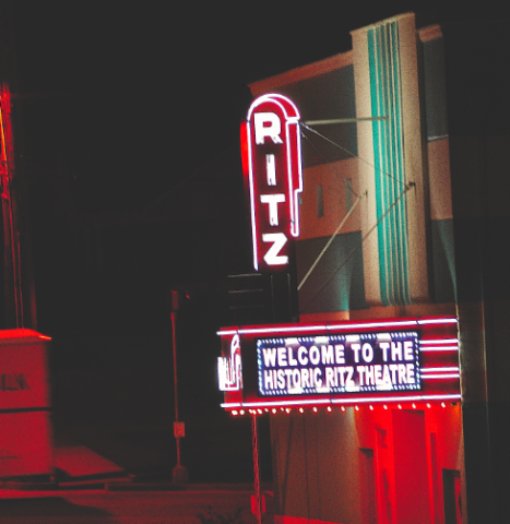 The Ritz Theatre's marquee lights up Doyle Street in downtown Toccoa 