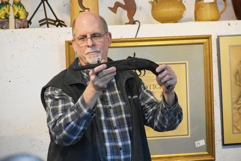 One of the many unique items auctioned off Friday at Once Upon a Time Co. in downtown Clarkesville was an “Indian used blacksmith made percussion pistol” from circa 1870.