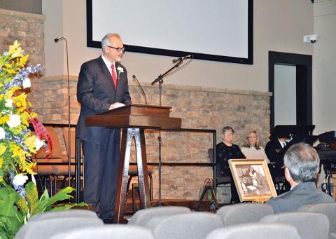The Rev. Kenneth McEntire speaks about the loss of his mentor, the Rev. Furman Brown Lewis, at a memorial service Saturday at Bethlehem Baptist Church in Clarkesville. Lewis passed away Christmas Eve at the age of 90.