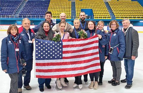 Dr. Stuart Sanders, second from left, was the physician for the Team USA figure skating team. The senior pairs included Tarah Kayne (shown fourth from left) and Danny O’Shea (shown middle back row); Ashley Cain-Gribble (fifth from left) and Timothy LeDuc (shown right back row).