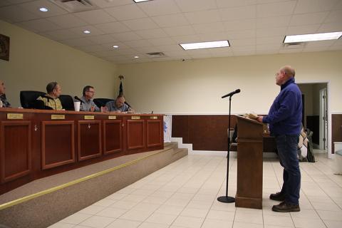Baldwin resident Erik Keith speaks to the Baldwin City Council on Monday.