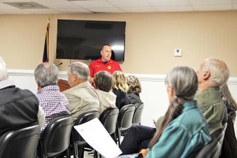 Demorest Fire Chief Ken Ranalli informs the audience of why he is in need of a new pickup truck at Tuesday’s meeting.