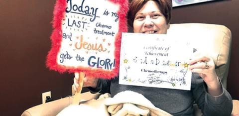Sandi Densmore of Clarkesville celebrates her final chemotherapy treatment in January 2019.