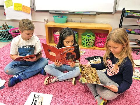Woodville Elementary School second graders (from left) Jake Gabrels, Leah Elias-Lopez and Emma Gunn enjoy the books provided by the Fountas and Pinnell guided reading program to Habersham County schools.