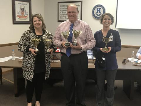 Attendance winners for January were honored at Monday’s Habersham County Board of Education meeting, including double winners for student and faculty attendance Habersham Ninth Grade Academy, represented by Principal Connie Franklin (left), and Baldwin Elementary, represented by Principal Rodney Long. The most improved attendance award went to Woodville Elementary, represented by Susan Davis (right).