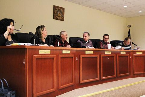 From left are Baldwin City Council members Stephanie Almagno, Alice Venter, Theron Ayers, Mayor Joe Elam, and councilmen Jeff Parrish and Larry Lewallen at Monday’s meeting.