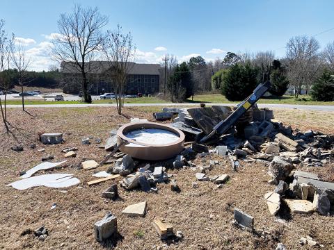 A vehicle ran into the county building’s administration sign Thursday in Clarkesville.