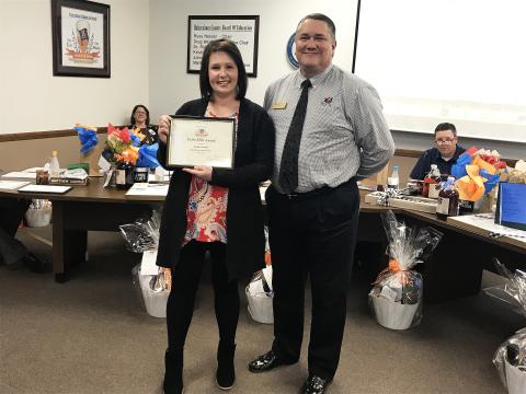 The Habersham County Board of Education Extra Mile Award for March went to counselor Natalie Ziemba of the Habersham Success Academy. Ziemba was instrumental in planning a life skills day – also called “Adulting Day” – for her students, which taught them everything from cooking to car maintenance to sewing and financial planning. Ziemba recruited volunteers and presenters to teach the kids the skills they said were lacking in the normal curriculum. Ziemba got her award from board member Doug Westmoreland.