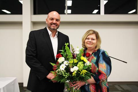 South Habersham Middle School nurse Christy Blakely receives her award Tuesday from Superintendent Matthew Cooper.
