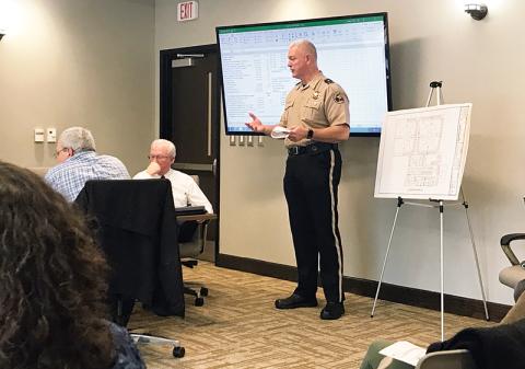 Sheriff Joey Terrell lays out an alternative plan for a new jail construction for the Habersham County Commissioners at Monday’s meeting.