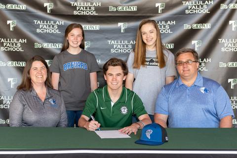 Tallulah Falls School senior Davis Jennings of Clarkesville on April 2 signed a letter of intent to compete in baseball for the Brevard College Tornados. Shown (back row from left), are Sarah Jennings and Rebekah Jennings. Front row (from left) are Jennifer Jennings, Davis Jennings and James Jennings.