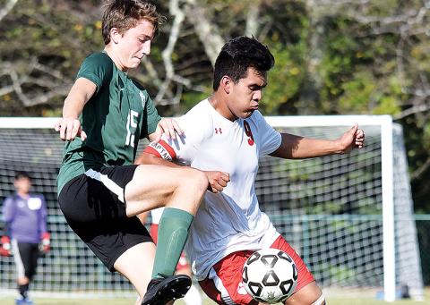 Tallulah Falls’ Joe Griswold of Demorest (left) battles a Franklin player during a game last season.